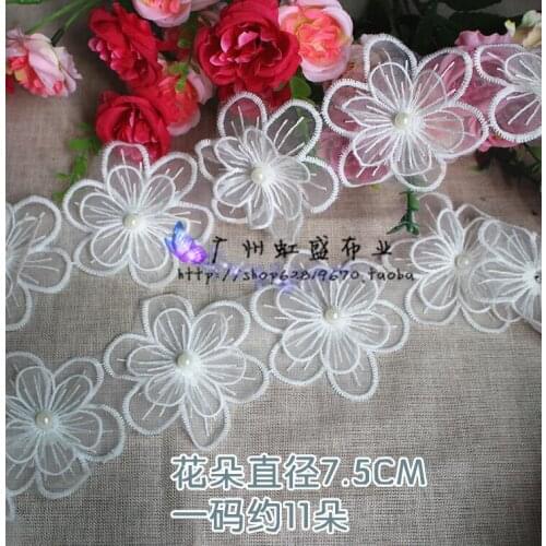 2 Yards/21 Pieces Flowers Lace Ribbon 2 Layers Costume Patch Sewing 7.5cm Width Craft Braided Beaded Pearls Lace Trim Appliques