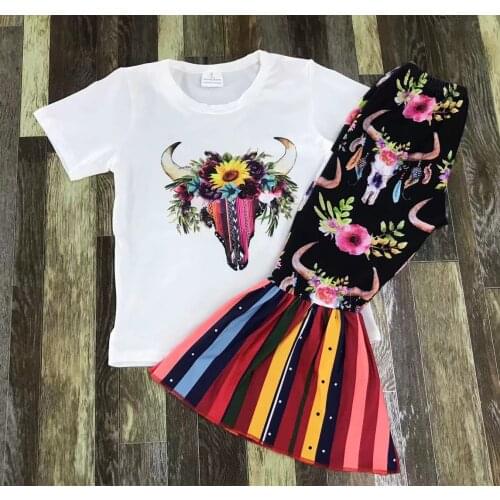 Short sleeve white cow print shirt with flared pant kid clothing set