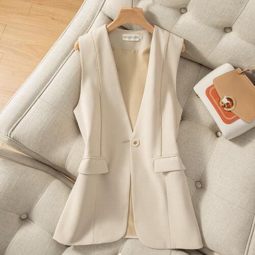 Beige Suit Vest Jacket Female 2021 Summer New Fashion Korean One Button Simple Black Sleeveless Suit Women Waistcoat aq1123