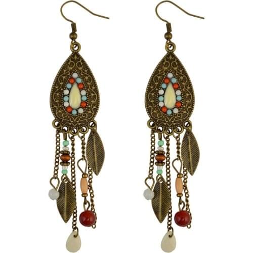 Boho Retro Long Tassel Drop Charms Earring Multicolor Bohemian Indian Resin Bead Fish Hook Dangle Earrings Ethnic Tribal Jewelry