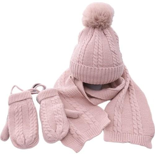 3Pcs Kids Baby Winter Warm Beanie Hat Long Scarf Gloves Set Cable Knit Solid Color Plush Lined Pompom Skull Cap 1-6 Year