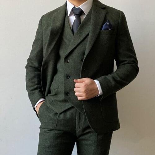 RICODESIGN mens slim fit formal business suit set 3 pieces green tweed jacket pants vest fashion winter tailored suit