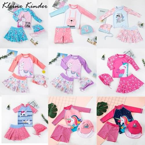 Swimwear and Swimming Trunks for Children Girl Long Sleeve Unicorn Lamb Print Swimsuit Kids 3 Pieces Bathing Suit for Baby Girls