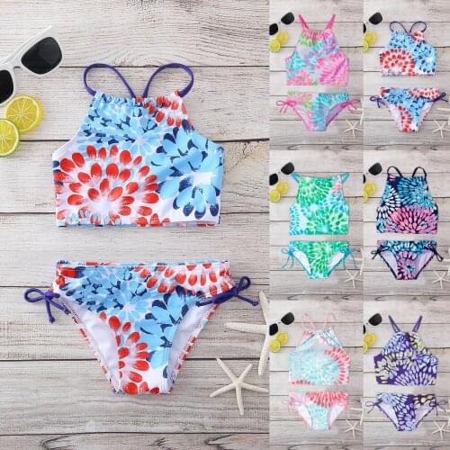 Swimsuit Kids Girl Daisy Beach Sport Halter Tankini Two-piece Suits Swimwear Bikini 2021 New Summer Outfits Suit For 8-14 Years