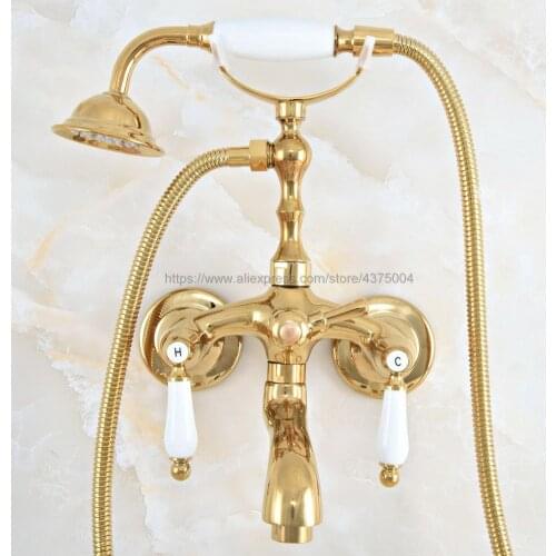 Gold Color Brass Wall Mounted Telephone Bathtub Faucet Mixer Tap w/ Hand Shower Bath Shower Tub Faucet Dual Handles Nna821