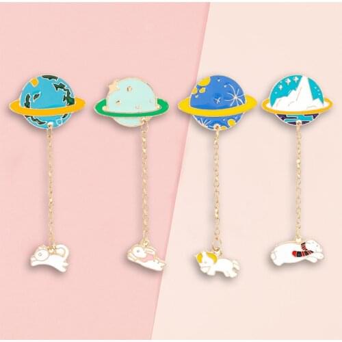 Metal Chain Enamel Pin Planet Puppy Rabbit Polar Bear Iceberg Brooch Denim Lapel Pins Student Girl Cartoon Friends Cute Jewelry