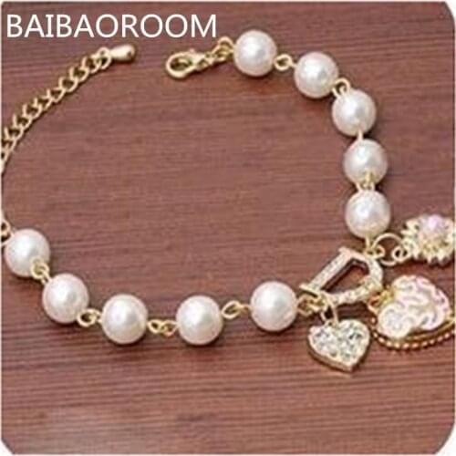 12pcs Fashion Jewelry Bohemia Heart&D with Floral imitation Pearl Love Heart Bracelets Bangles