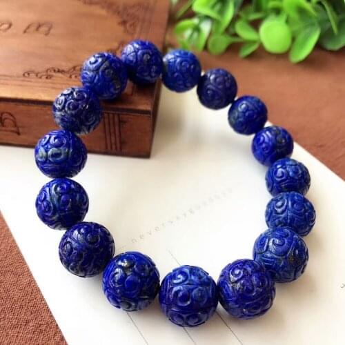 Genuine Natural Lapis Lazuli Royal Blue Stone Craved 13mm Round Beads Women Man Stretch Bracelet AAAAA Certificate