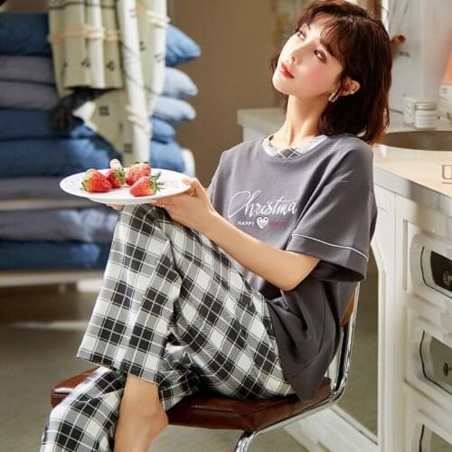 O-Neck Plaid Trousers Sleepwear Homewear 3XL Plus Size 2Pcs Women Summer Cute Pajams Sets Letter Printing Short Sleeve Nightwear