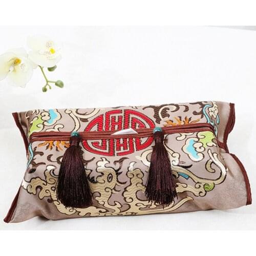 High Density Dragon Phoenix Silk Satin Tissue Holder Box Cover Table Napkin Paper Case Chinese Home Decoration