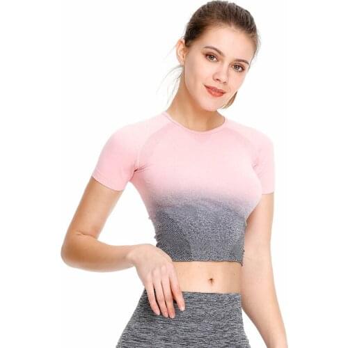 SALSPOR Women Gradient Sport Seamless Yoga Shirts Ombre Short Sleeve Crop Tops Running Stretch Fitness Workout Top 4 Color