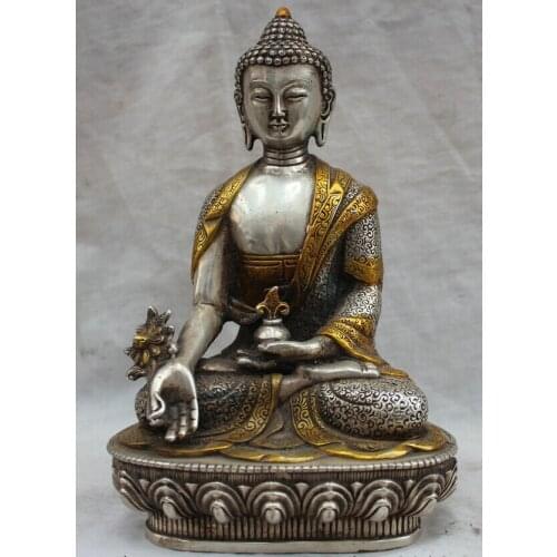 [old craft ] 8" Tibet Tibetan Buddhism Silver Gild Menla Medicine Buddha Medical God Statue (A0314)