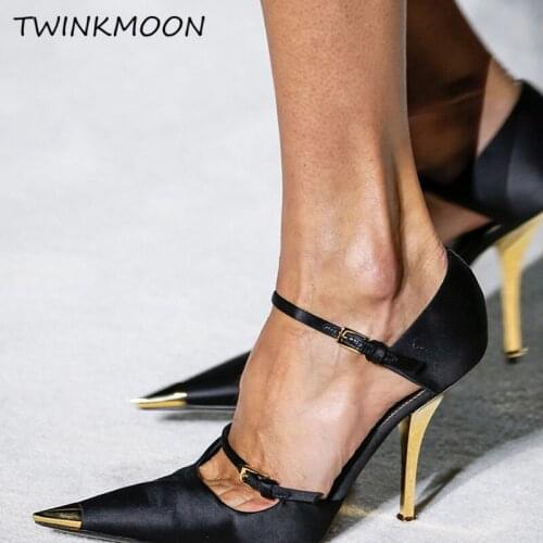 Satin Marry Jane Pump Gold Metal Heel Pointed Toe Buckle Strap Celebrity Women Sandals High Heels Shoes Summer Prom Party Runway