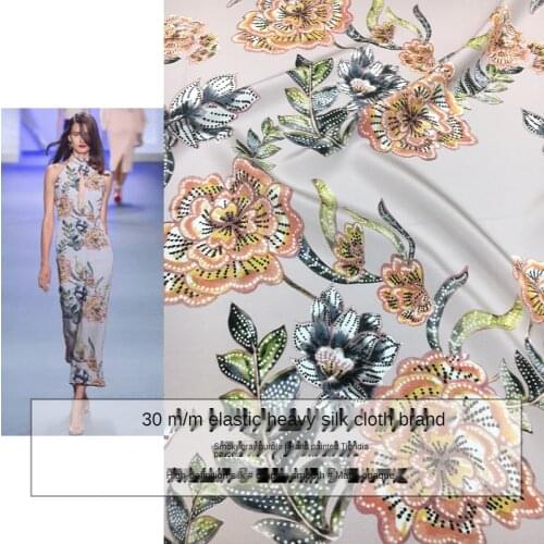 Hand-painted tiger skin flower printing smoky gray purple 30mm heavy crepe stretch dress digital mulberry silk fashion fabric