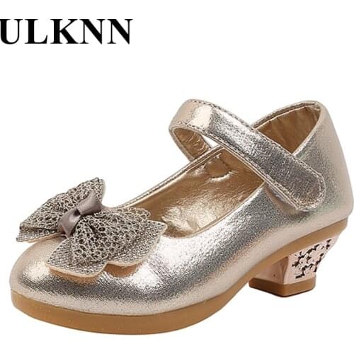 ULKNN Gold high heels Shoes For Girls spring 2021 new Kids princess baby Pink Leather shoes big Kids performance Bow shoes