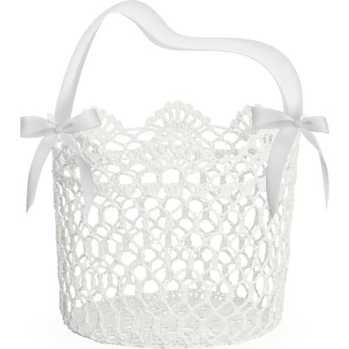 UNOMOR Hand Knitting Wedding Flower Girl Basket Ceremony Party Satin Bowknot Rose Flower Girl Basket (White)