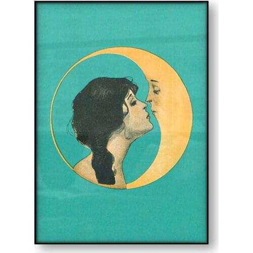 Vintage Canvas Painting Girl Kissing Moon Posters And Prints Man In The Moon Antique Moon Face Wall Art Pictures Home Room Decor