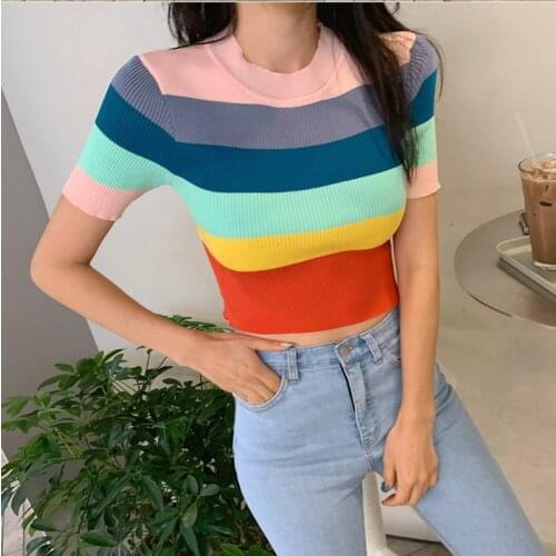 HELIAR Plain Tee Women Knitted Strips O-Neck T-shirts Women Summer Short Sleeve Casual Street Outwear Crop Tops For Women Tees
