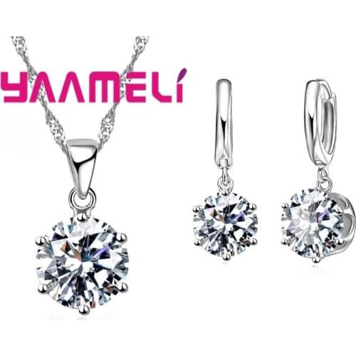 925 Sterling Silver Jewelry Gift Set 17 Colors Cubic Zircon Pendant Necklace Necklace Crystal Women Wedding Engagement Accessory