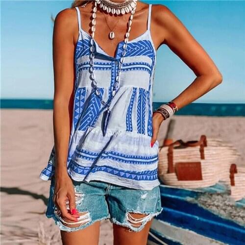 Summer Womens New Top Sexy Sleeveless Round Neck Button Camisole Casual Loose Geometric Striped Printing All-match Vest T-shirt