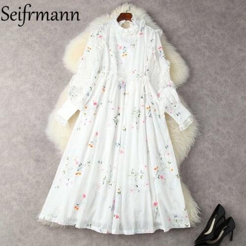 Seifrmann New 2021 Summer Women Fashion Runway Party Long Dress Lantern Sleeve Gorgeous Ruffles Lace Floral Print Dress Vestidos