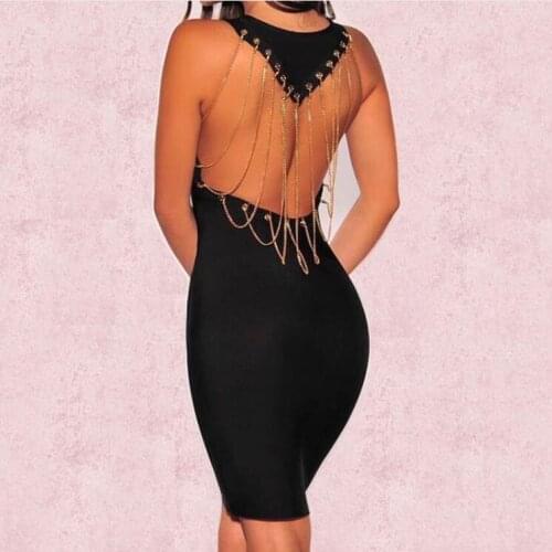2018 New Arrival Women Sexy Bodycon Bandage Dress Sleeveless V Neck Black Backless Eyelet Chains Celebrity Vestidos Party Dress