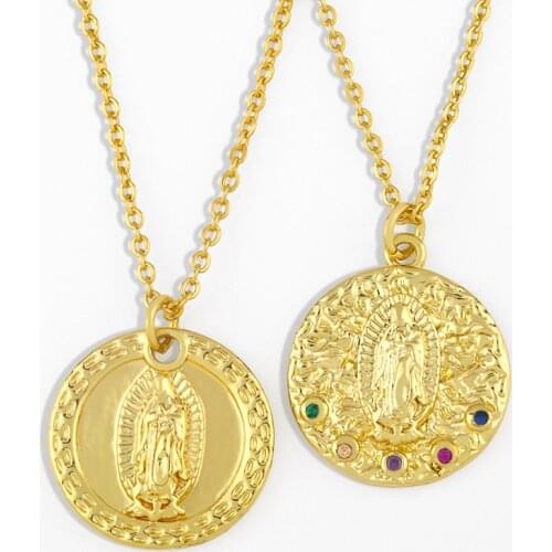 FLOLA Gold Virgin Mary Necklace For Women Round Crystal Pendant Necklace CZ Zirconia Catholic Jewelry virgen de guadalupe nker84