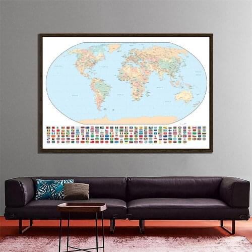 150x100cm Regular World Map Non-woven Inkjet Map With National Flags For Culture And Education