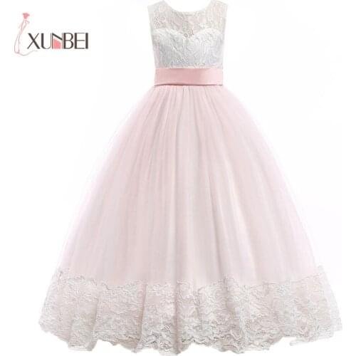 Princess White&Pink Floor Length Lace Flower Girl Dresses Applique Girls Pageant Dress First Communion Dresses Party Gown