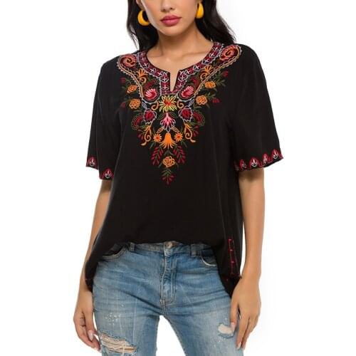 Le Luz Black Floral Embroidery Blouses Shirt Plus Size Cotton Boho Hippie Mexican Shirt Short Sleeve 23xl Ethnic Chic Shirt 2021