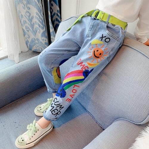Teenage Girls Kids Jeans Hot Deals 12 High Quality Graffiti Painting Print Casual Pants With A Rainbow Cartoon Trousers clothes