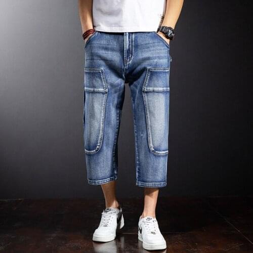 Summer Mens Cropped Jeans Fashion Loose Hip Hop Tide Denim Pants Plus Size 44 Patchwork Trousers Male Man Mens Clothing