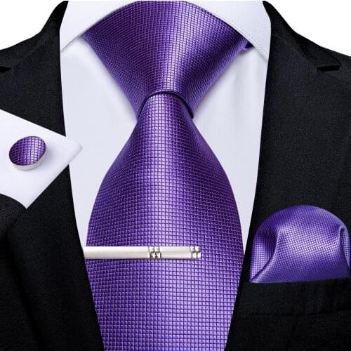 New Calssic 100% Silk Mens Ties 8cm Purple Solid Necktie Handkerchief Tie Clip Set Wedding Party Ties Men Gift Gravatas DiBanGu