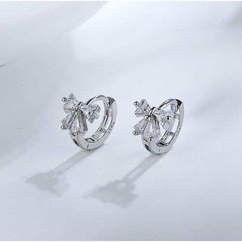 Dainty Glitter Cubic Zirconia 925 Sterling Silver Bowknot Hoop Earrings For Women Bow-shaped Temperament Jewelry Romantic Gift