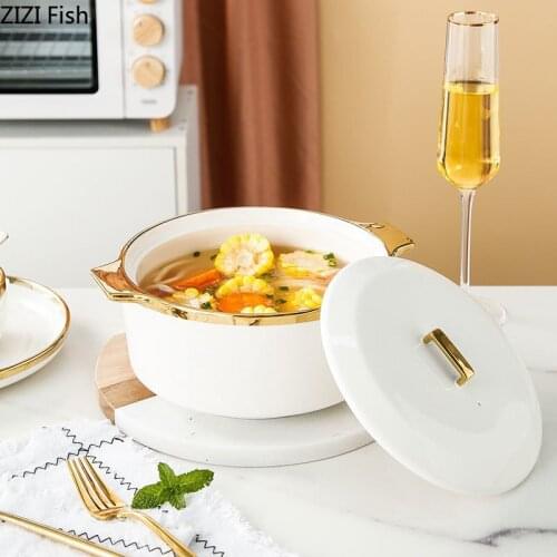 Nordic White Porcelain Gilt Rim Large Soup Bowl Anti-scalding Double Ear Ceramic Noodle Bowl with Large Capacity Instant Noodles