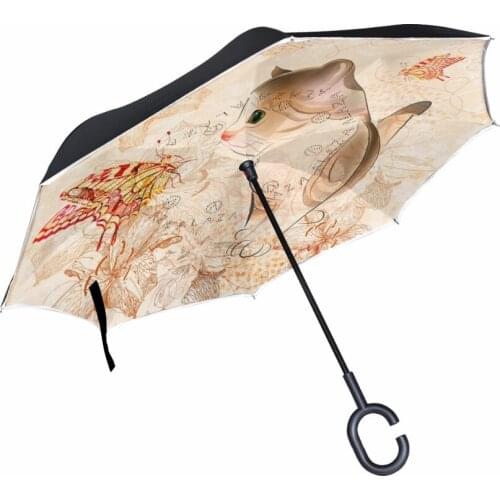 Cat Staring Butterfly Printed Reverse Umbrella Drop Shipping Windproof Double Layer Inverted Chuva Self Stand C-Hook Umbrellas