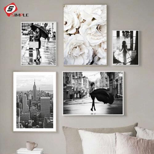 Fashion Poster Wall Art Print Black and White Canvas Painting Sexy Woman White Peony Pictures for Living Room Fashion Home Decor