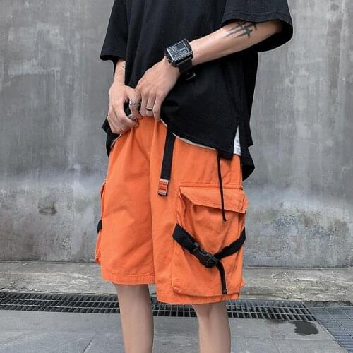 Mens Fitness Summer Shorts 5 Colours Streetwear Young Trend Plus Size Shorts Both Bigger Pockets with Ribbons Personality Design