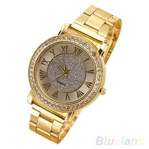 Men wristwatches Retro Gold Plated Crystal Business Casual Alloy Analog Quartz Watch 23KH