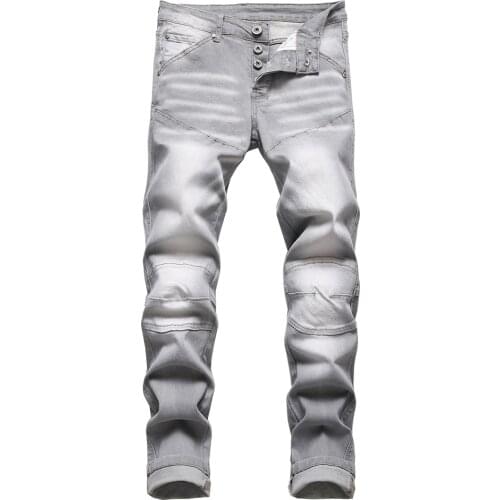 Mens Gray Patchwork Stretch Denim Jeans Trendy Buttons Fly Slim Straight Biker Pants Trousers