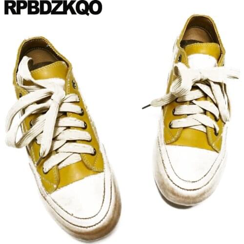 Genuine leather trainers round toe handmade sneakers flats yellow designer shoes china cowhide 2018 chinese women lace up ladies