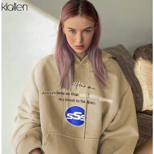 KLALIEN Autumn Fashion Print Letter Hoodie Women Loose Casual Streetwear Pullovers Simple Office Lady Wild Basic Hoodie Hot