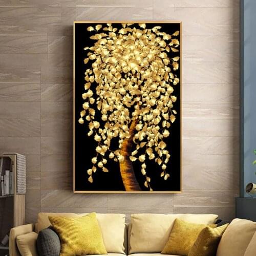 Poster HD Prints Abstract Golden Leaves and Money Tree Wall Art Canvas Painting Living Room Picture Decoration Without Frame