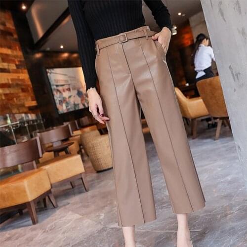 PU Leather Pants For Women Wide Leg High Waisted Anke-length Womens Pants With Belt 2021 Autumn New Loose Ladies Trousers Hot