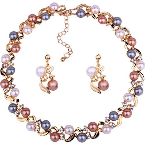 Jewelry Sets Sweet Imitation Pearls Full Rhinestone Gold&Silver Color Leaves Chain Pendants Wedding Bride Pearl Necklace Earring