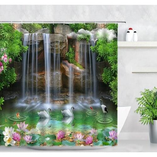Lotus Waterfall Shower Curtain Swan Flowers Green Plant Water Natural Scenery Bathroom Decor Carpet Non-slip Toilet Bath Mat Set
