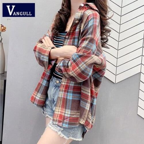 Vangull Spring Plaid Vitange Woman Blouses POLO Turn-down Long Sleeve Casual Female Tops Korea Style 2020 New Women Loose Blouse