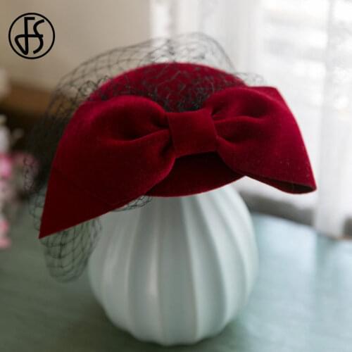 FS Bow Veils Fedora Hat Womens Hats 2021 Female French Wine Red Felt Wedding Fascinator Hat For Church Cocktail Party Derby Hats