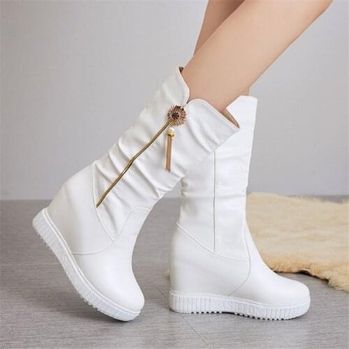 2021 PU Leather Long Boots Women fashion Ladies Wedge platform Solid Zipper High Heel Winter Boots Women zapatos de mujer