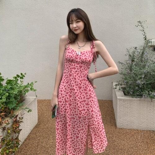 Floral Print Summer Long Midi Dress Women Split Sexy Lace Up Spaghetti Strap Party Dress Slash Neck Vintage Beach Chiffon Z516